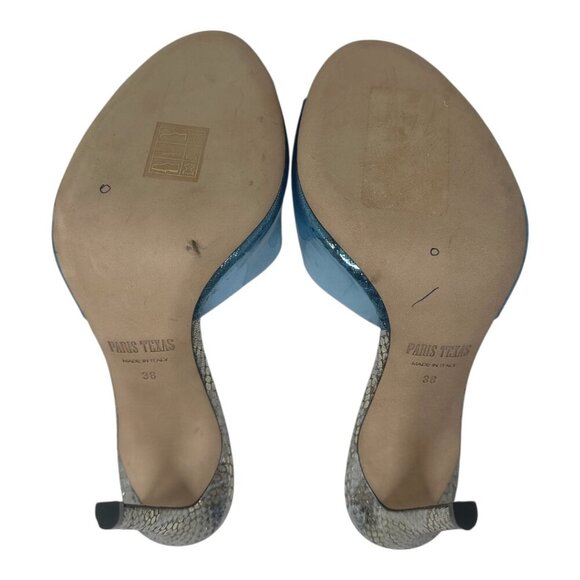 New Rare Paris Texas Metallic Gold Silver Snakeskin Leather Blue PVC Mules 8 38 - Picture 9 of 14